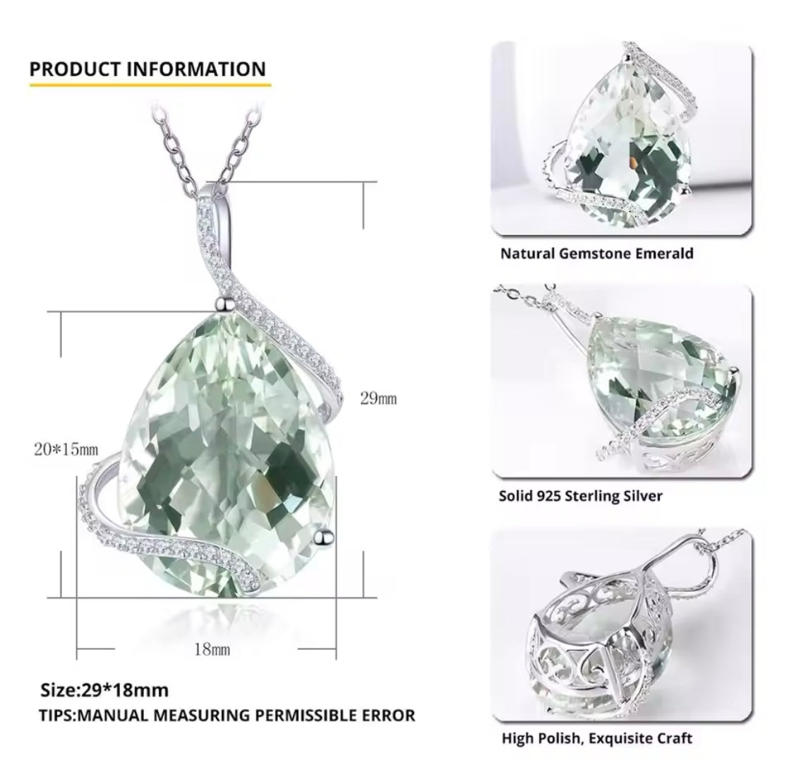 Silver 15.10 ct Green Amethyst Pendant