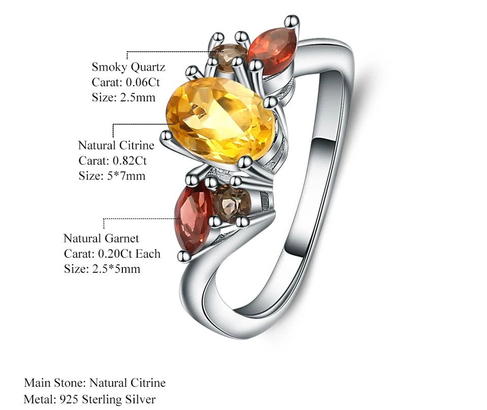 Silver Ring 1.34 ct Citrine / Garnet / Smoky Quartz